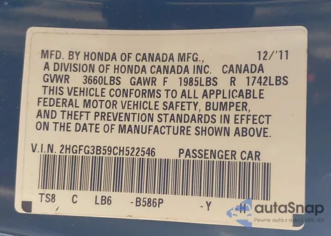 2012 Honda Civic Lx from USA, damaged, VIN 2HGFG3B59CH522546